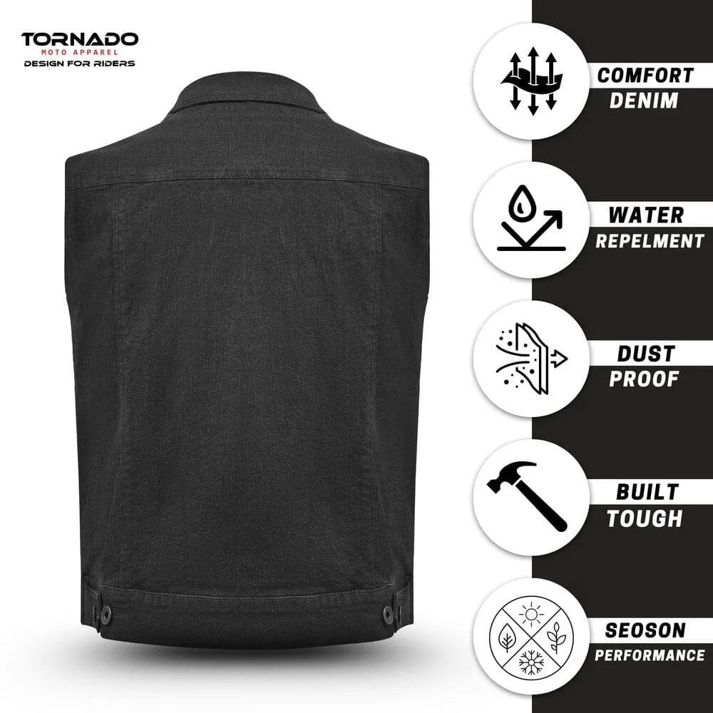 Black denim vest with Tornado Road Apparel branding and feature icons on a white background