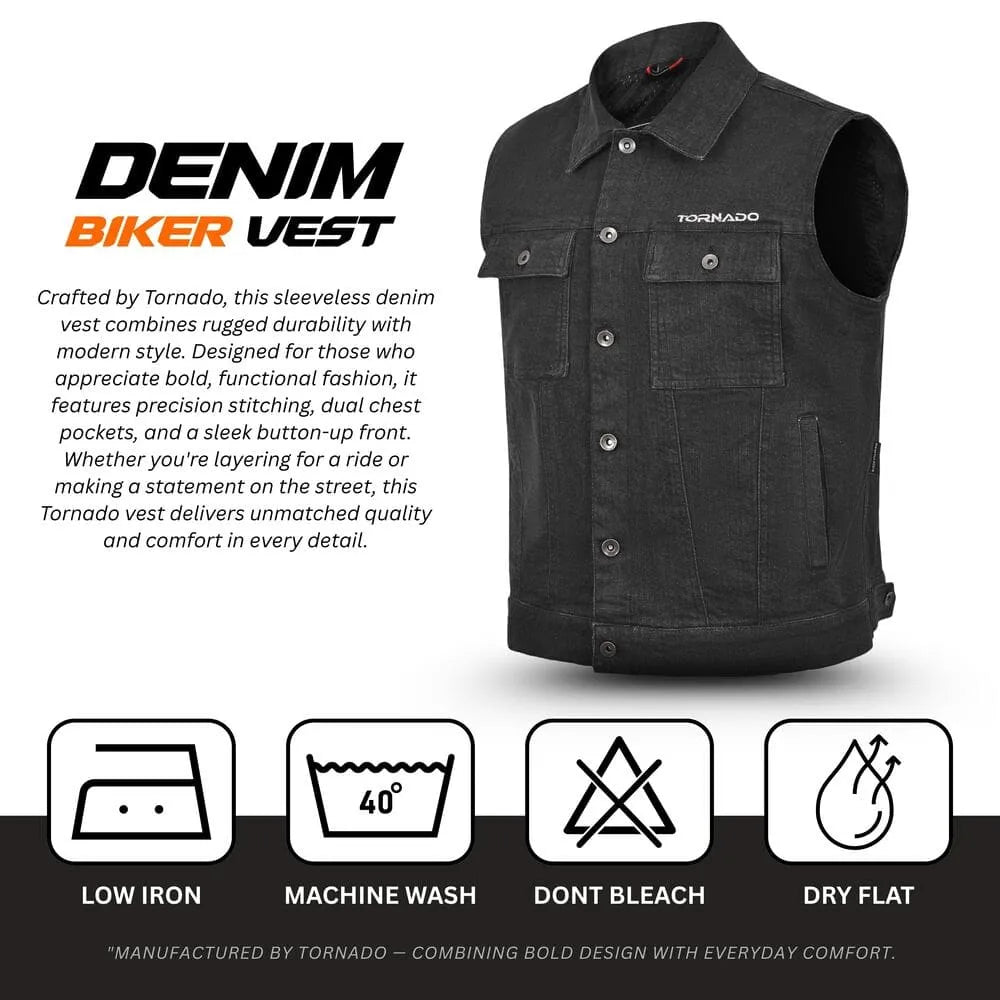 Black denim biker vest with Tornado branding on a white background