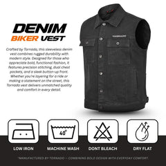 Black denim biker vest with Tornado branding on a white background
