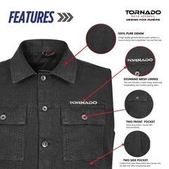 Black jacket with Tornado branding and feature highlights on a white background