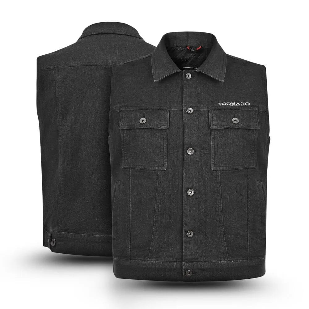 Black vest with button details on a white background, featuring the brand 'Tornado'.