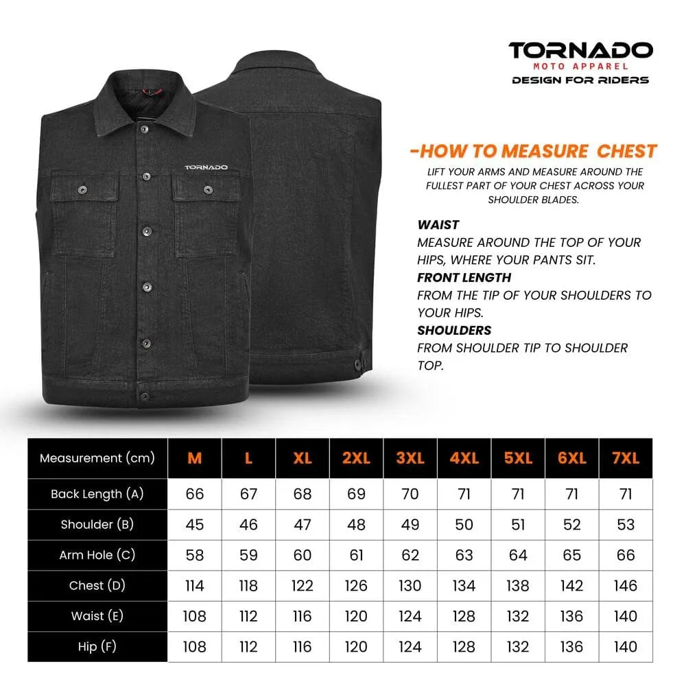 Black motorcycle vest with measurement chart and Tornado Moto Apparel branding