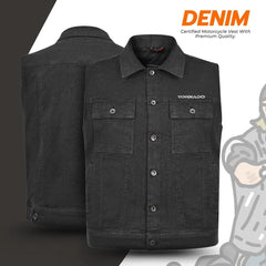 Black denim motorcycle vest with 'Tornado' branding on a gray background