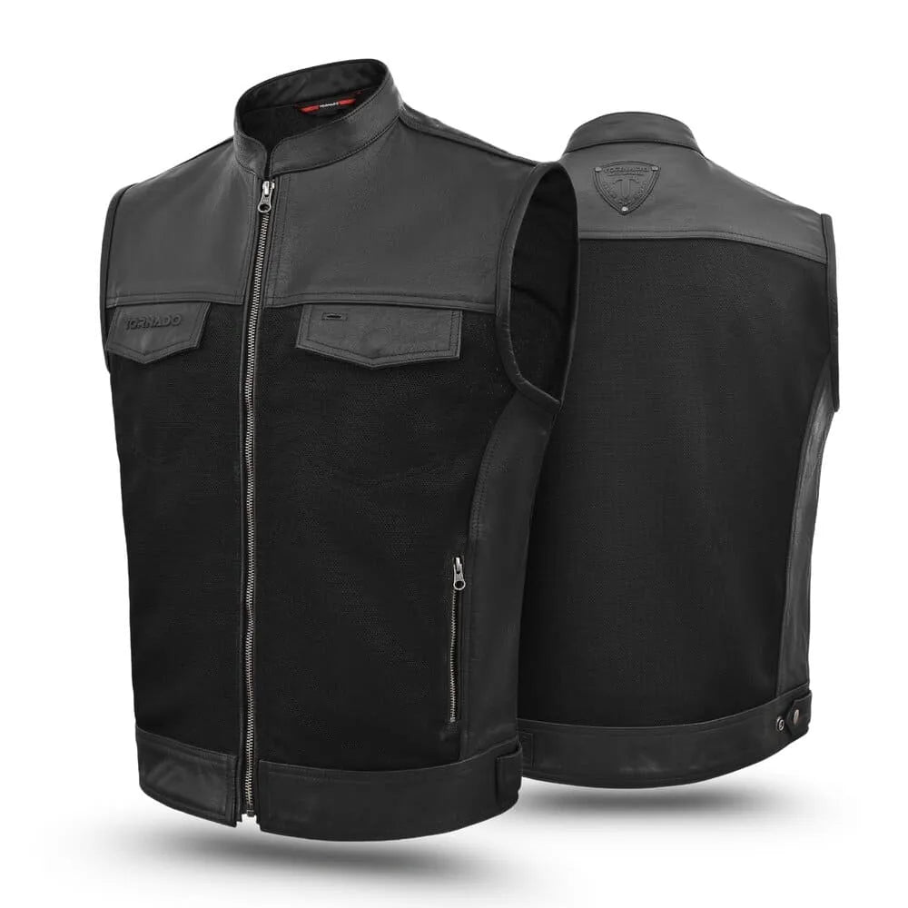 Black and gray motorcycle vest shown from front and back on a white background