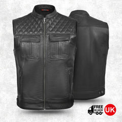 Black leather vest shown from front and back on a light gray background with free delivery UK icon.
