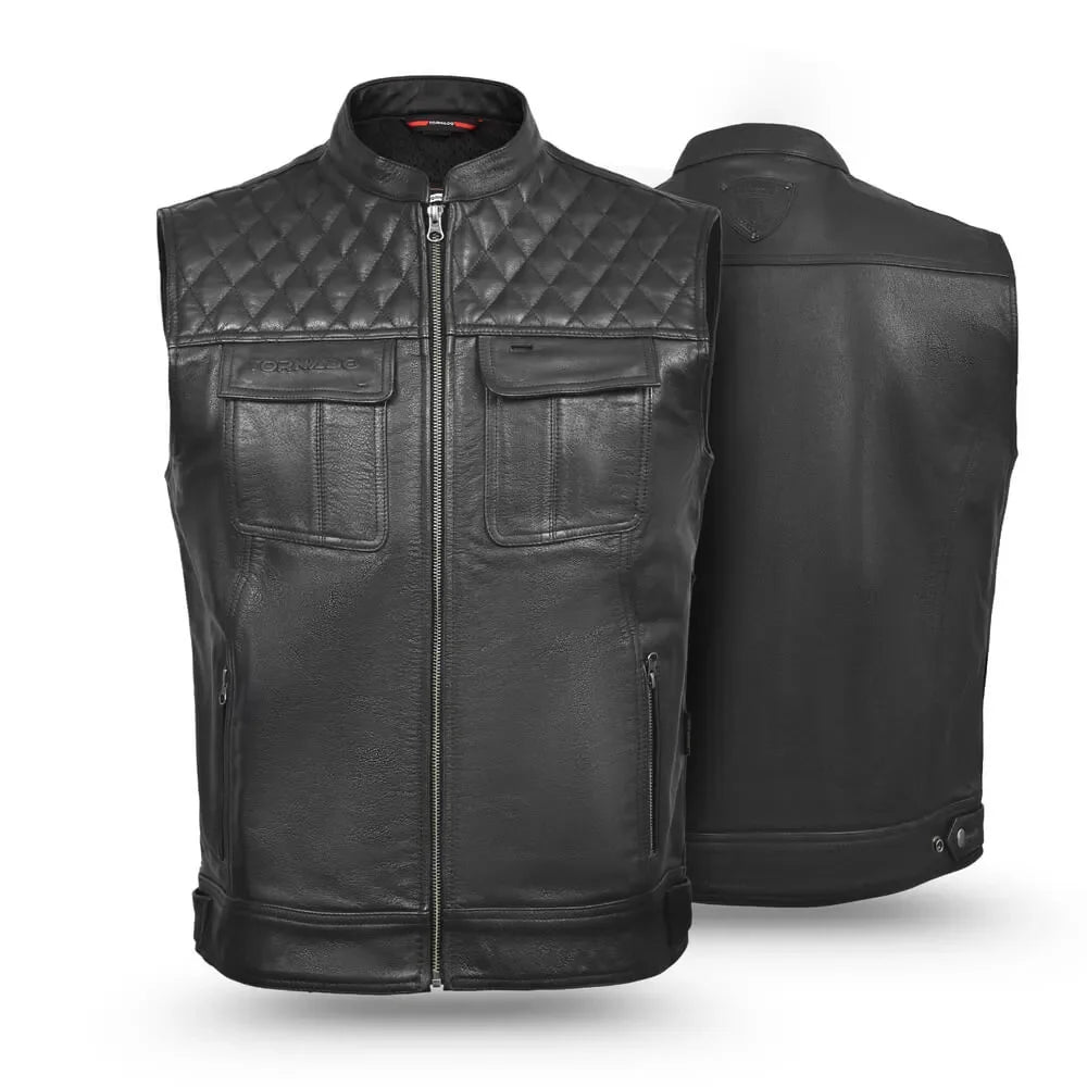 Black leather vest with quilted design on a white background