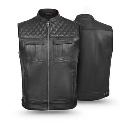 Black leather vest with quilted design on a white background