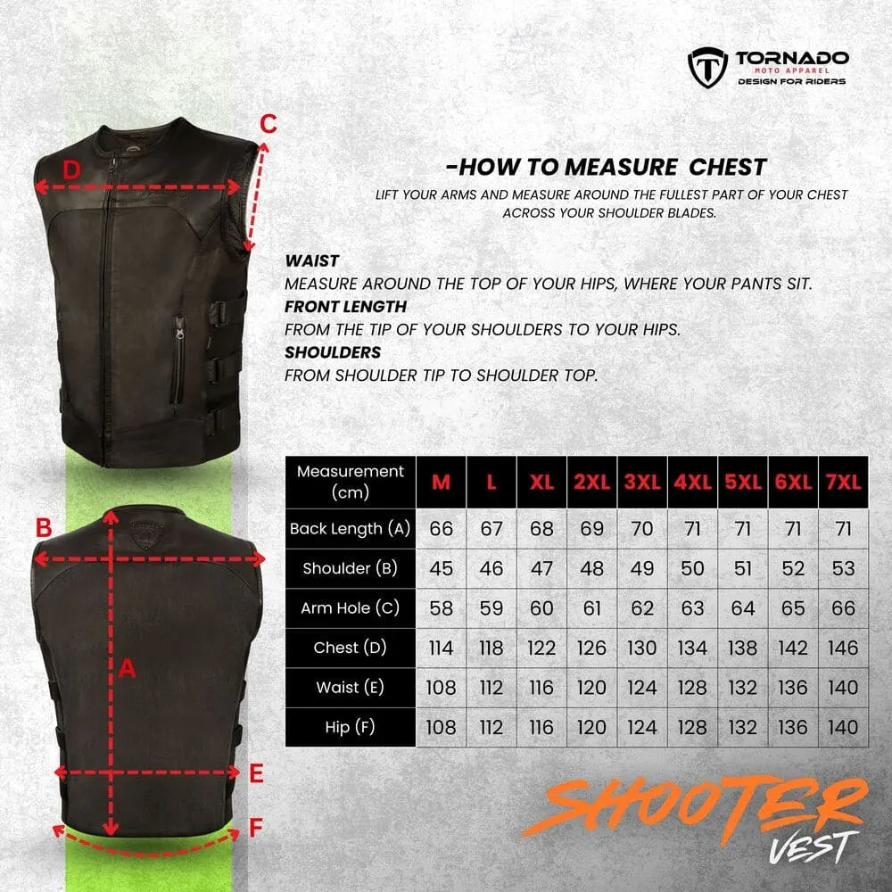 Measurement chart for a shooter vest with black vest and text instructions on a gray background.