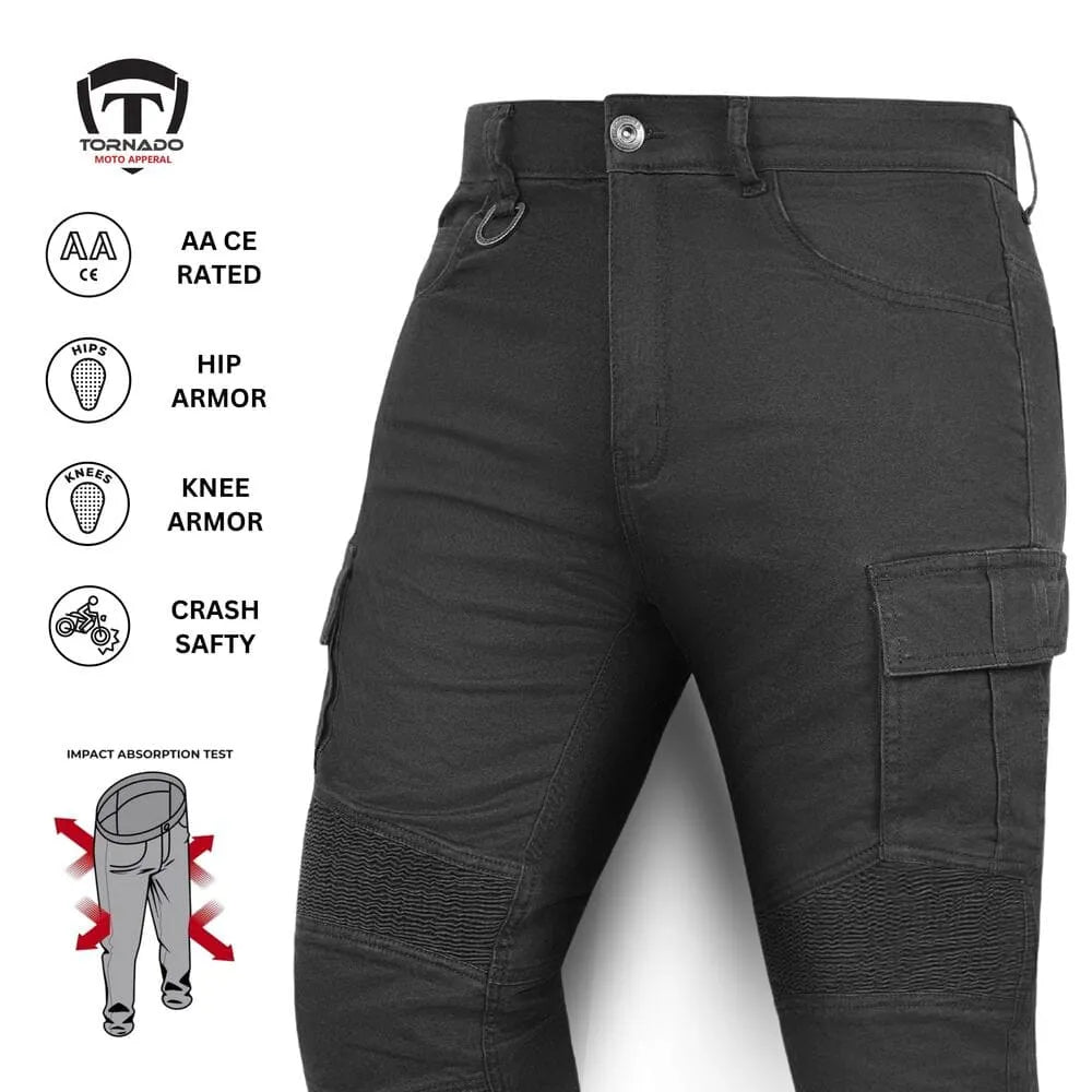 Black motorcycle jeans  with armor features on a white background, featuring Tornado Apparel logo.