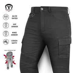Black motorcycle jeans  with armor features on a white background, featuring Tornado Apparel logo.