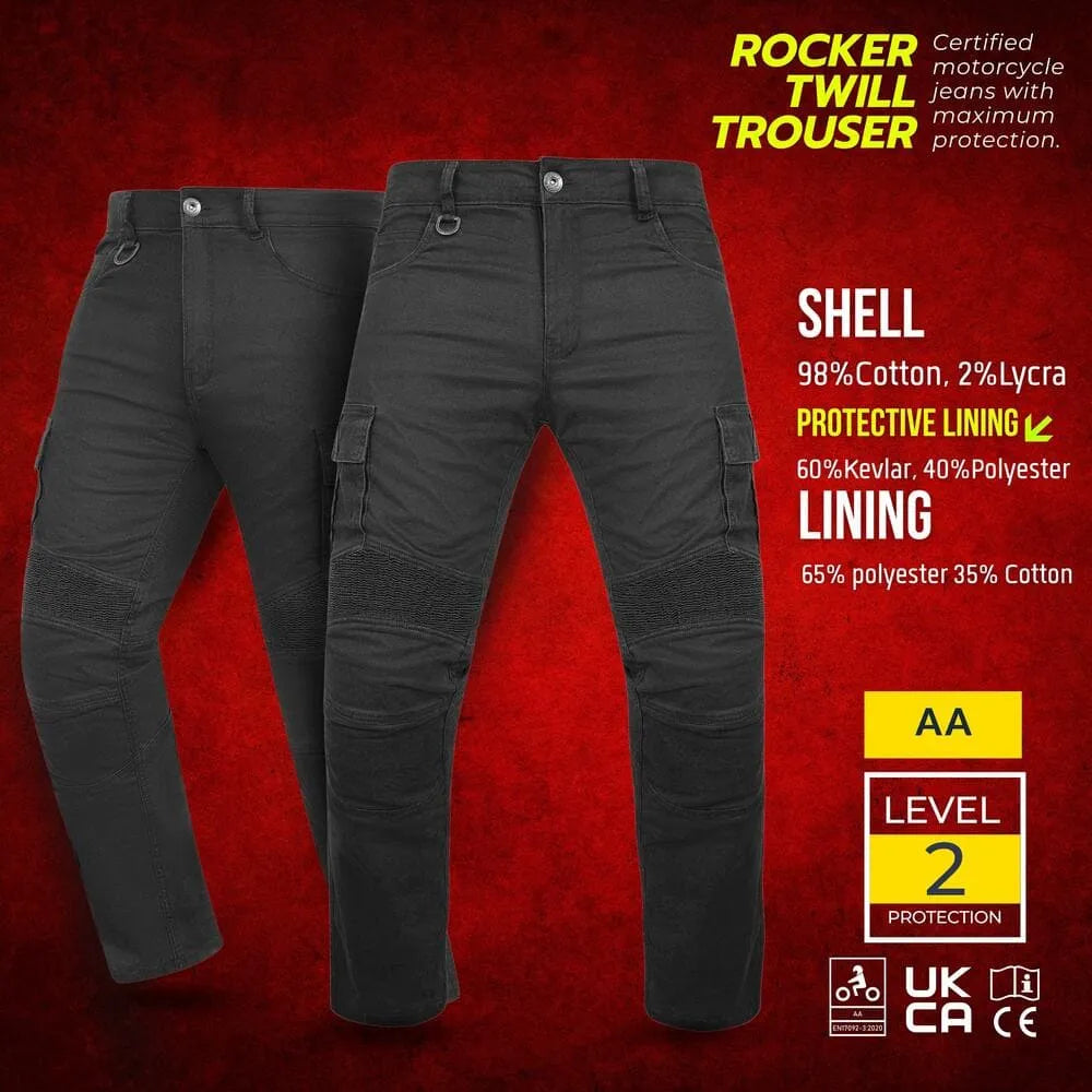 Black motorcycle jeans  with certification details on a red background