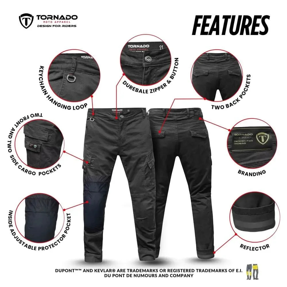 Black motorcycle cargo jeans featuring CE armour pockets, durable zipper, side cargo pockets, reflector and aramid reinforcement ideal for men’s motorcycle jeans UK