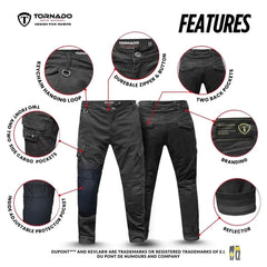 Black motorcycle cargo jeans featuring CE armour pockets, durable zipper, side cargo pockets, reflector and aramid reinforcement ideal for men’s motorcycle jeans UK