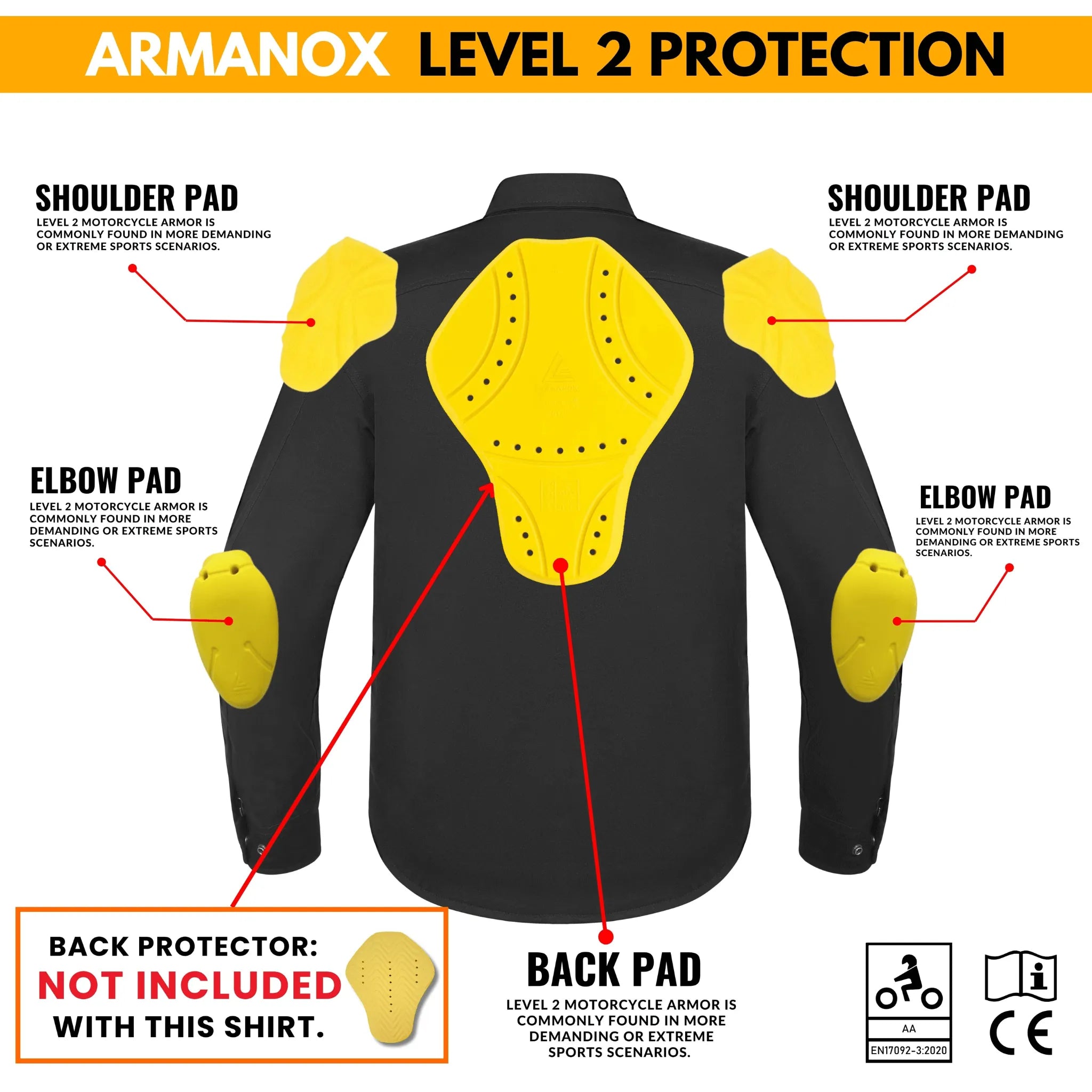 Black motorcycle Kevlar shirt by Tornado Moto with Level 2 shoulder, elbow, and back pads for enhanced rider safety in extreme sports