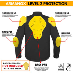 Black motorcycle Kevlar shirt by Tornado Moto with Level 2 shoulder, elbow, and back pads for enhanced rider safety in extreme sports