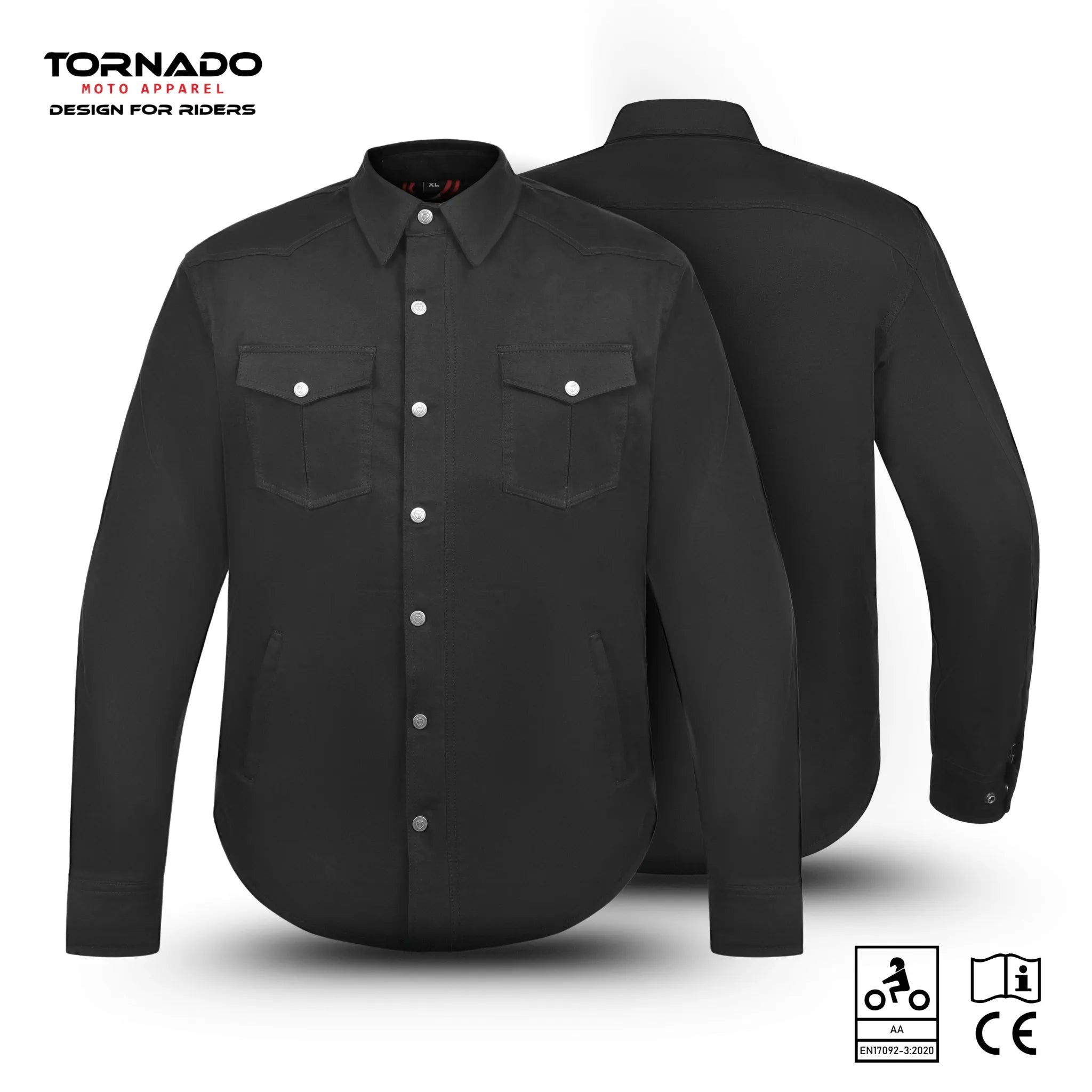 Front and back view of black Kevlar motorcycle shirt with button closure, dual chest pockets, and CE protective armour by Tornado Moto