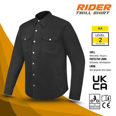 Black Kevlar motorcycle shirt with CE Level 2 protection, Kevlar lining, and reinforced stitching, durable rider twill shirt by Tornado Moto
