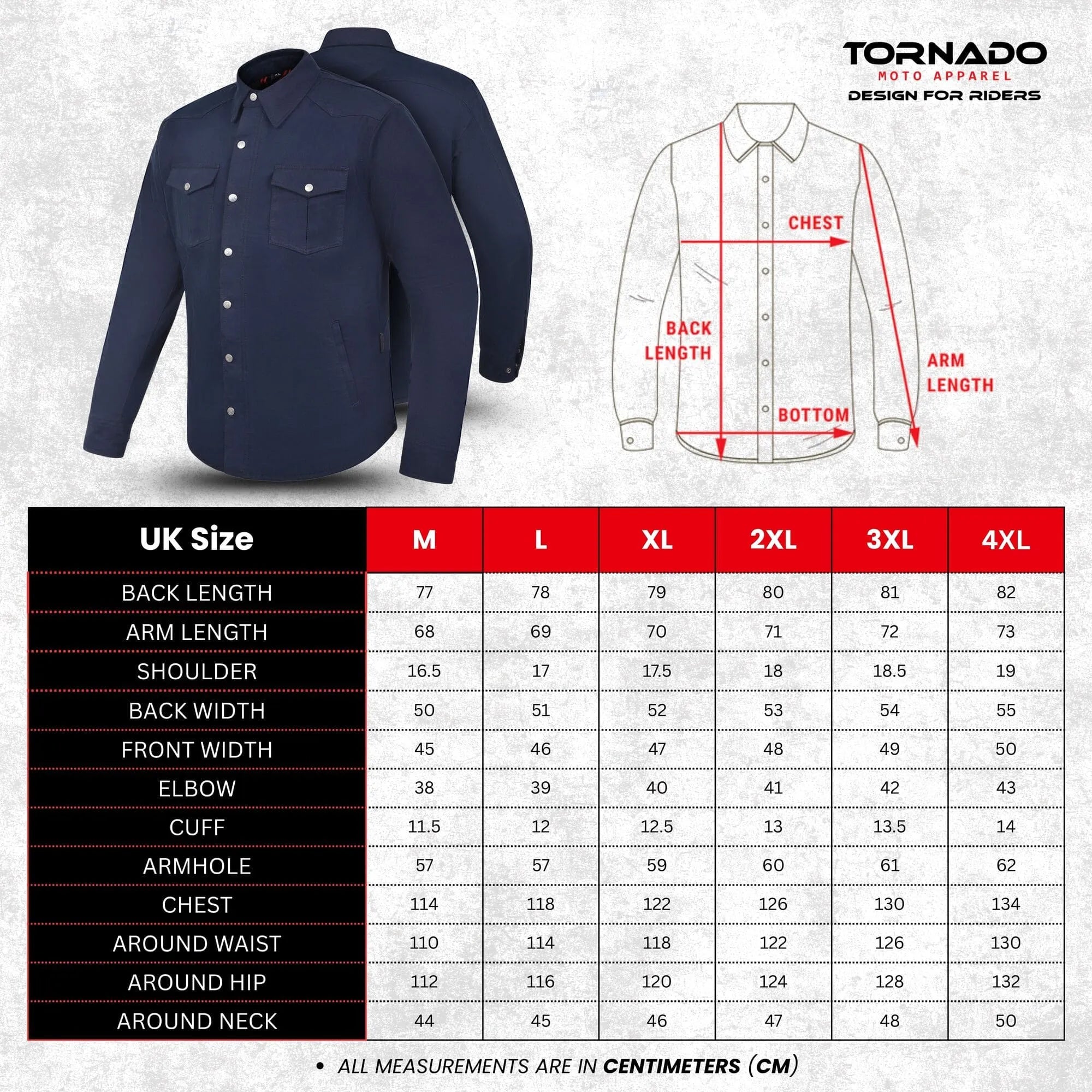 Detailed size chart with measurements for M, L, XL, 2XL, and 3XL black Kevlar motorcycle CE protective shirt for riders by Tornado Moto