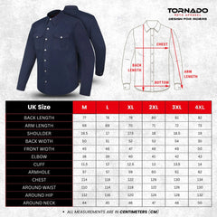 Detailed size chart with measurements for M, L, XL, 2XL, and 3XL black Kevlar motorcycle CE protective shirt for riders by Tornado Moto