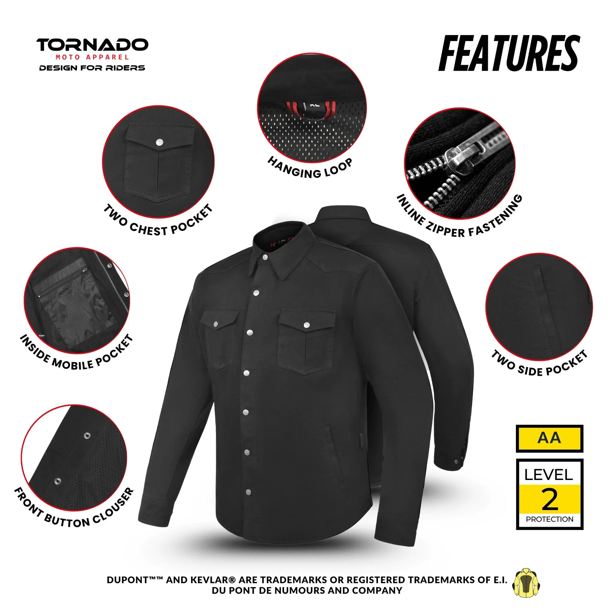Features overview of black Kevlar motorcycle shirt with two chest pockets, inside mobile pocket, zipper fastening, and CE protection by Tornado Moto