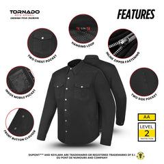 Features overview of black Kevlar motorcycle shirt with two chest pockets, inside mobile pocket, zipper fastening, and CE protection by Tornado Moto