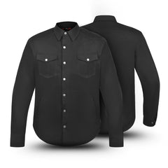 Front and back view of black Kevlar motorcycle shirt with CE protective armour and button closure by Tornado Moto