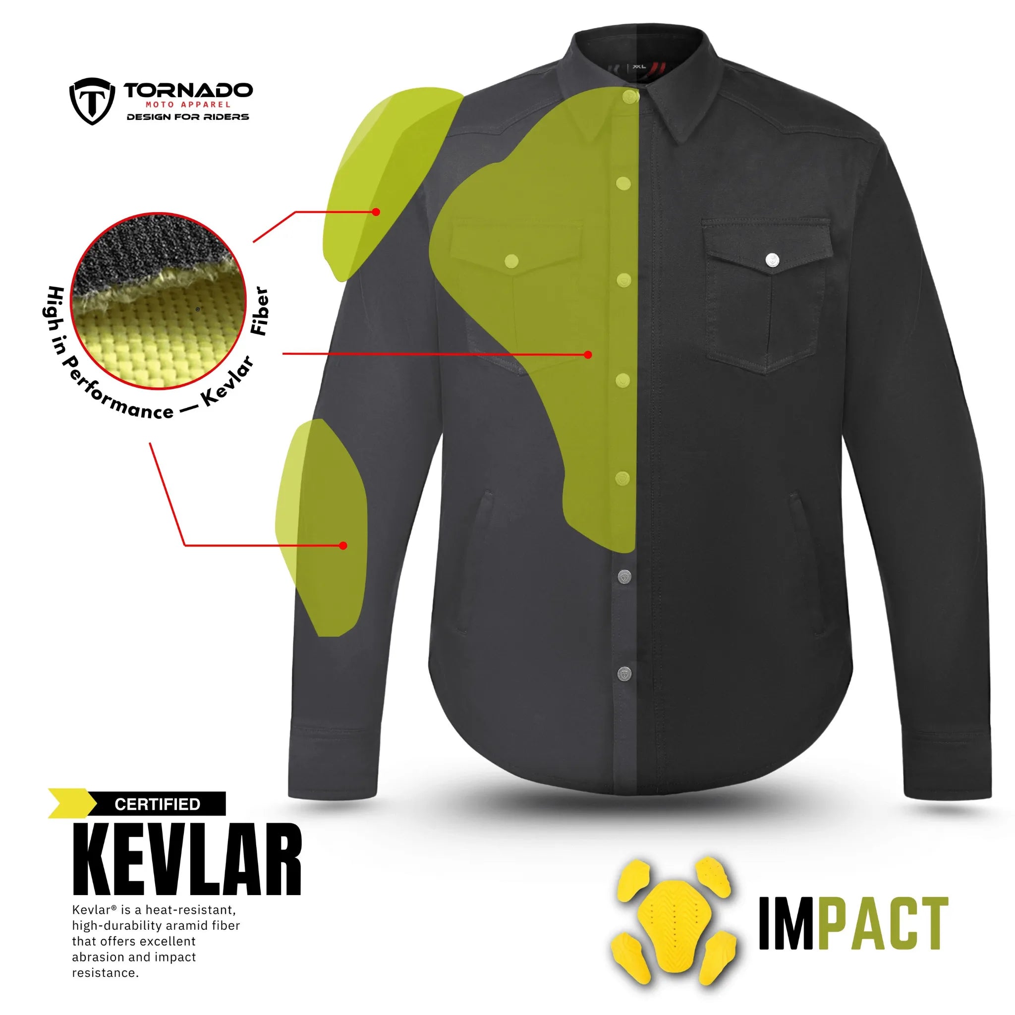 High-performance black Kevlar motorcycle shirt featuring reinforced impact zones and CE protective armour for riders by Tornado Moto