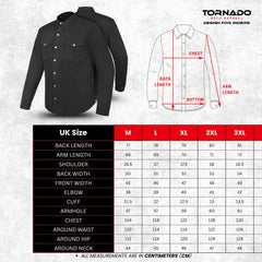 Size chart with detailed measurements for M, L, XL, 2XL, and 3XL black Kevlar motorcycle CE protective shirt for riders by Tornado Moto