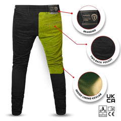 Black motorcycle jeans with branding, pocket, and lining details on a white background