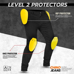 Black motorcycle jeans with yellow knee and hip protectors on a gray and white background, featuring Chino Jeans branding.
