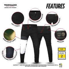 Black motorcycle jeans with features highlighted on a white background, branded as Tornado Roto Apparel.