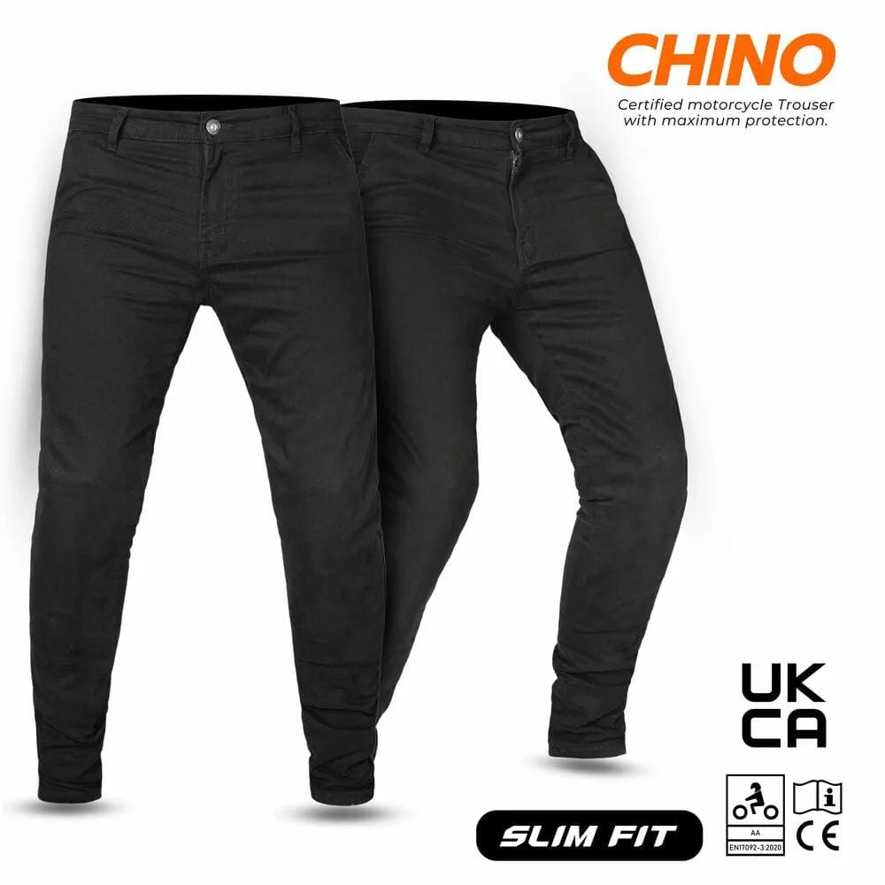 Black motorcycle jeans with 'Chino' branding on a white background