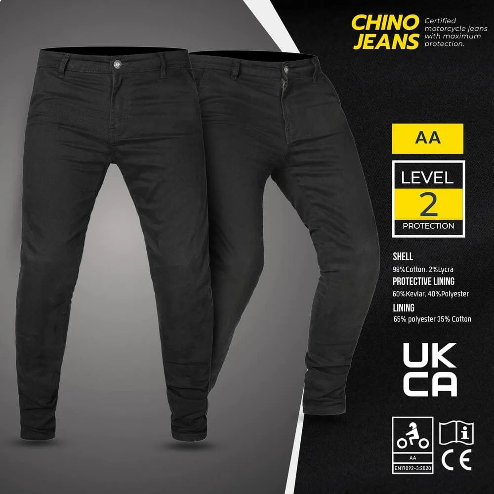 Black motorcycle jeans with Chino Jeans branding and certification details on a gray background