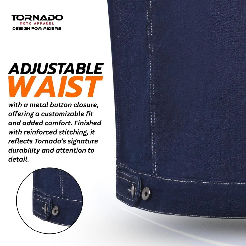 Navy blue denim jacket with adjustable waist feature, Tornado brand visible