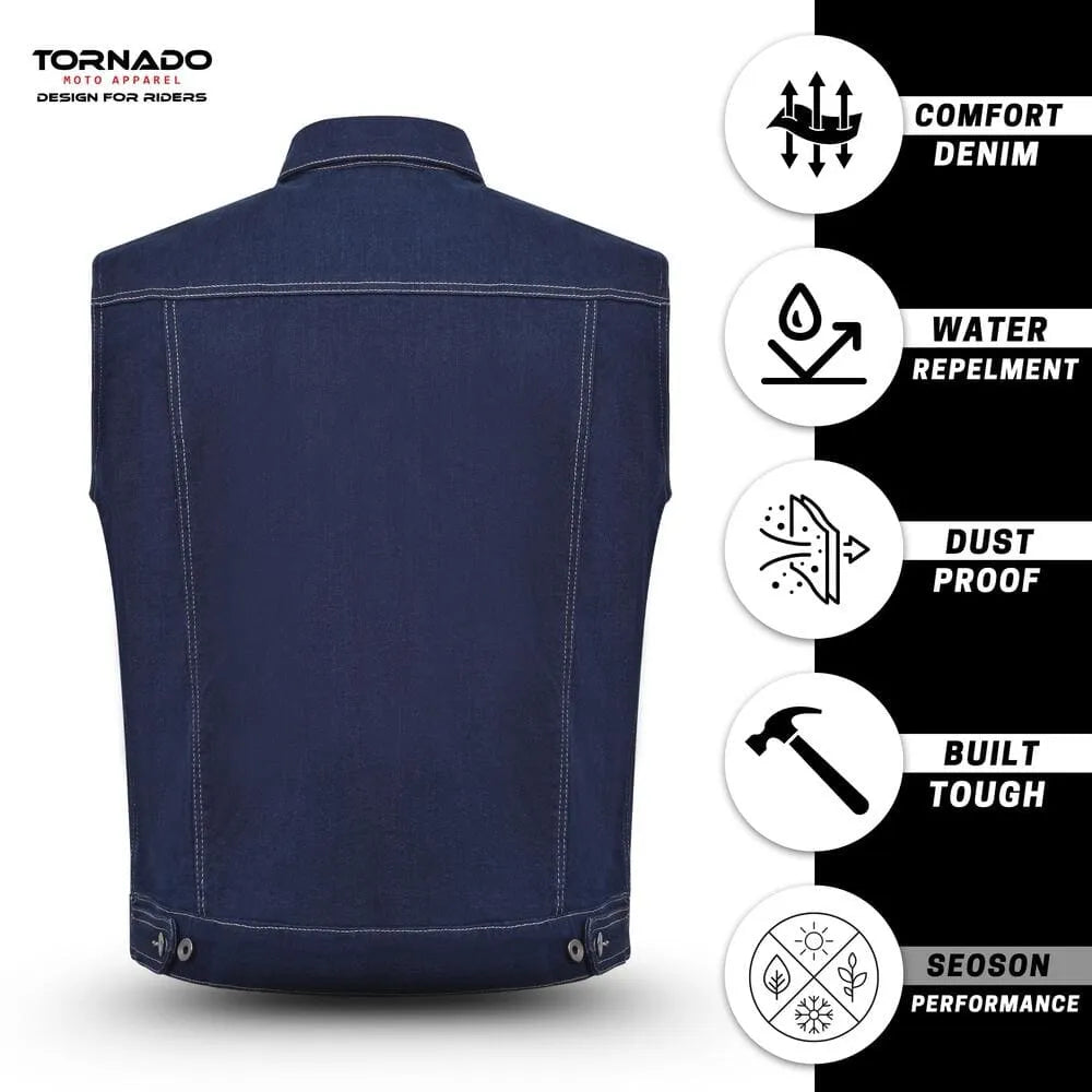 Blue denim vest with Tornado Apparel branding and feature icons on a white background