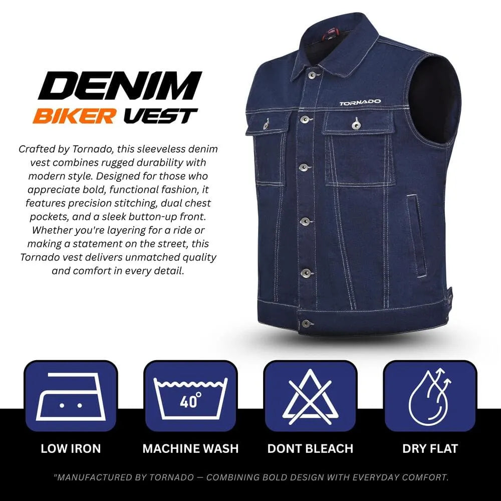 Denim biker vest with Tornado branding on a white background