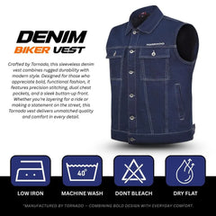 Denim biker vest with Tornado branding on a white background