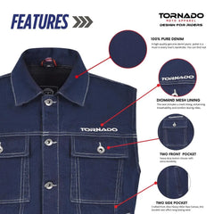 Blue denim jacket with Tornado branding and feature highlights on a white background