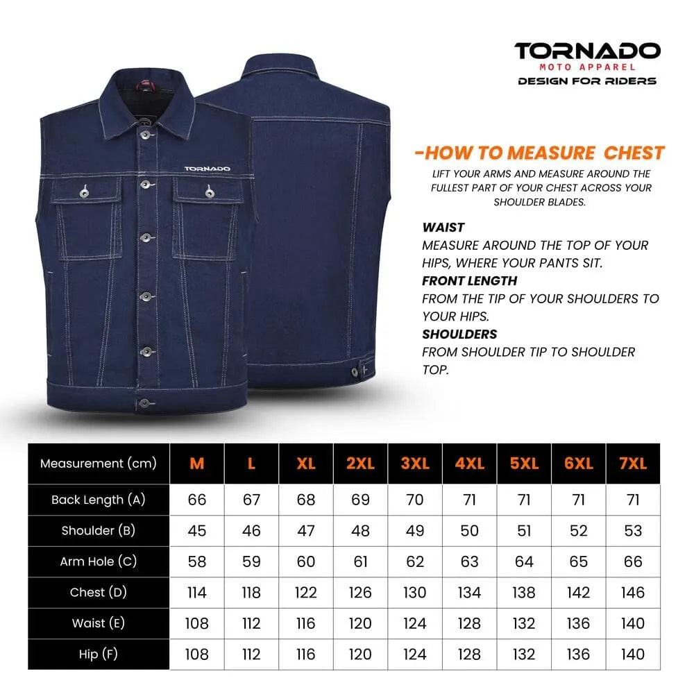 Blue denim vest with measurement chart and Tornado Moto Apparel branding