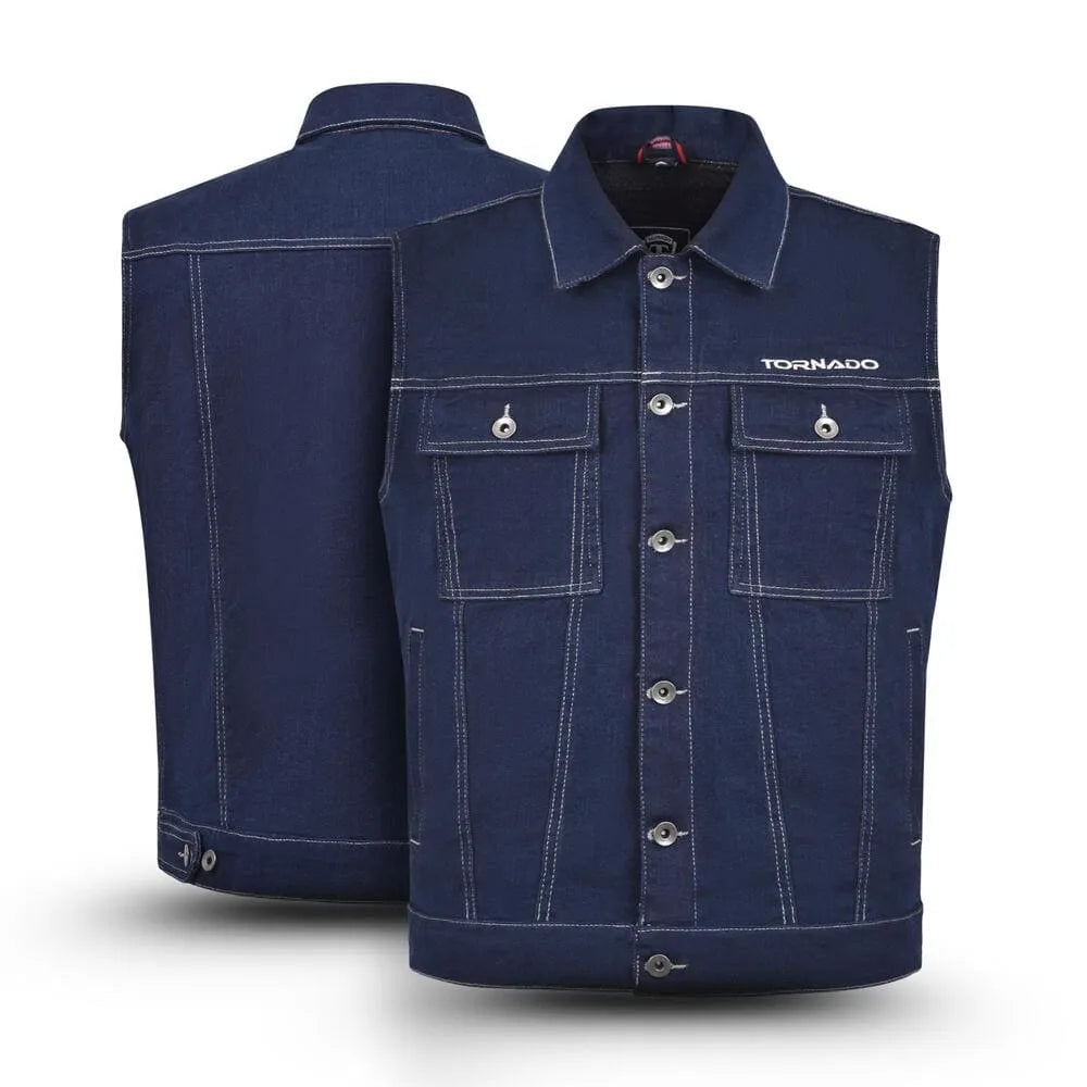 Blue denim vest with 'Tornado' branding on a white background