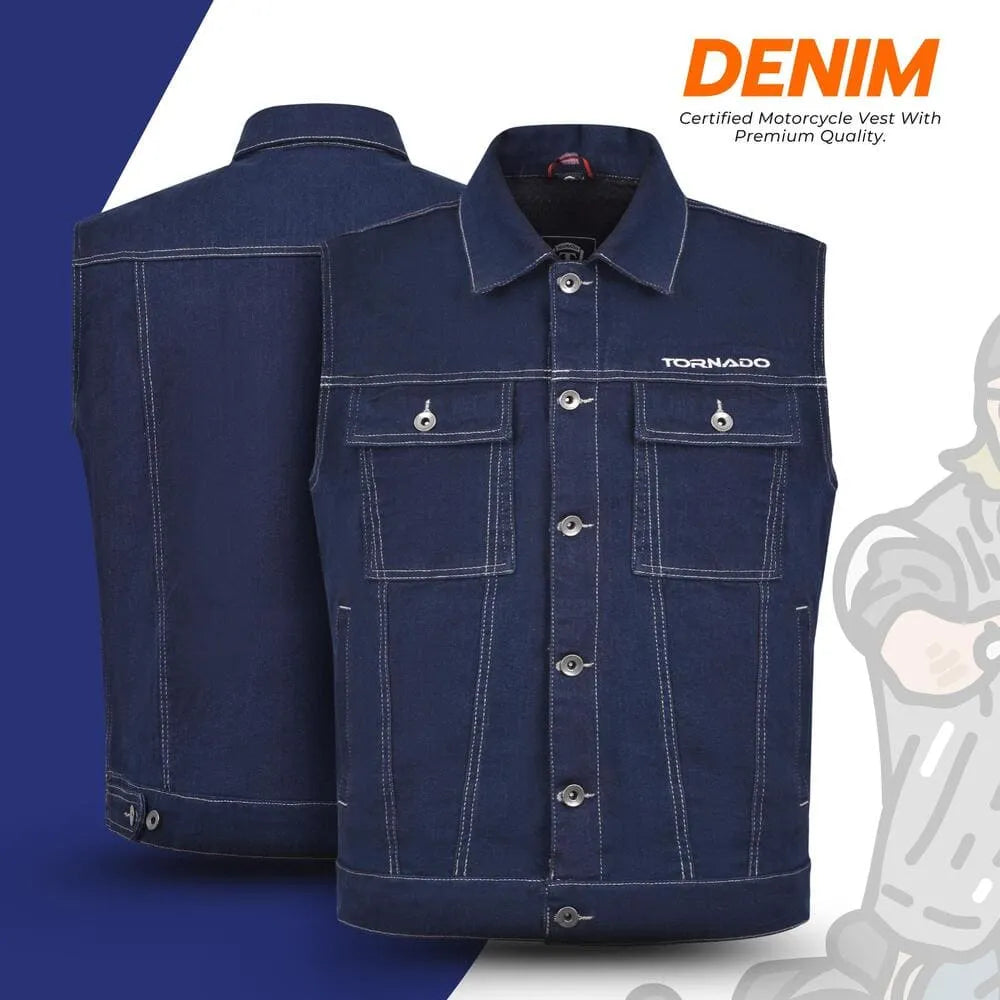 Blue denim motorcycle vest with 'Tornado' branding on a blue background