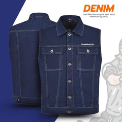 Blue denim motorcycle vest with 'Tornado' branding on a blue background