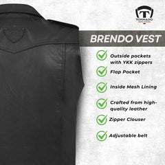 Black leather vest with Tornado Security logo and feature list on a gray background