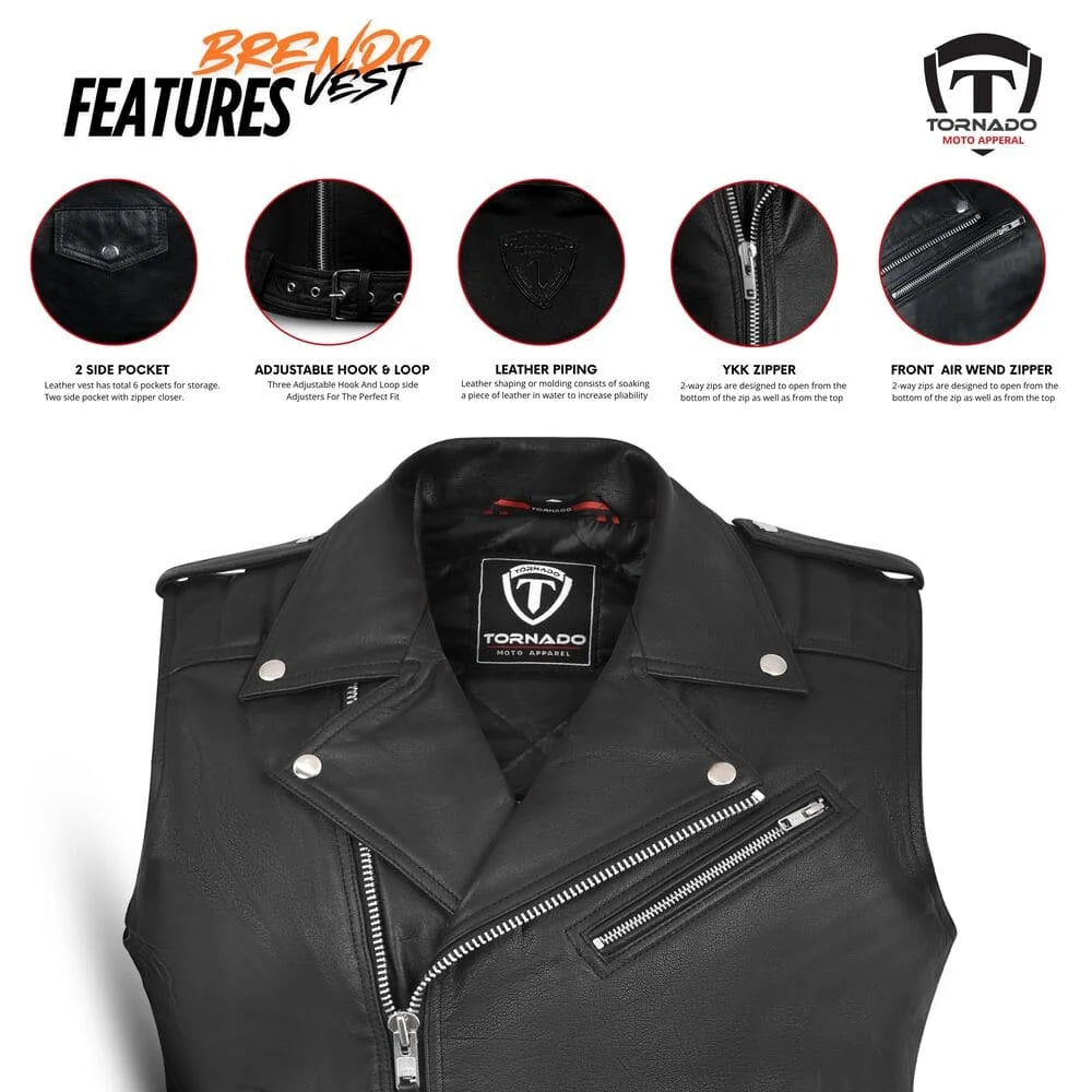 Black leather vest with features highlighted on a white background
