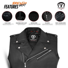 Black leather vest with features highlighted on a white background
