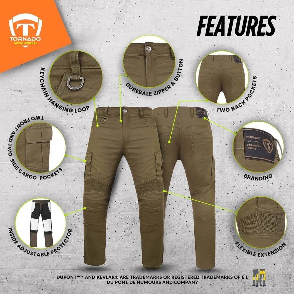 brown motorcycle jeans with features highlighted on a gray background, featuring Tornado brand.