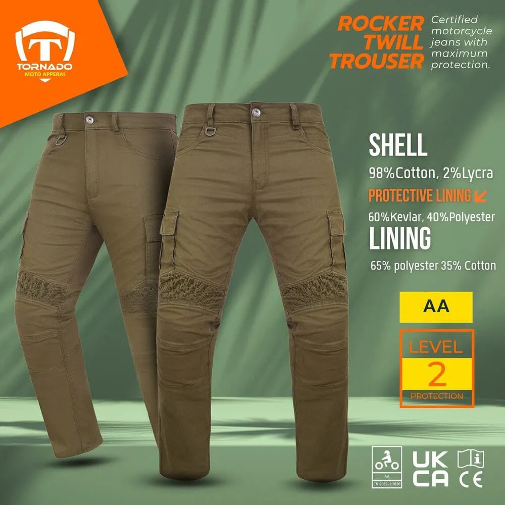 brown motorcycle jeans with certification details on a green background