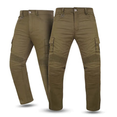 Pair of brown motorcycle jeans on a white background