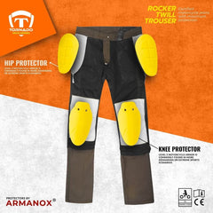 brown motorcycle jeans with knee and hip protectors on an orange and white background, featuring Tornado and Armanox branding.