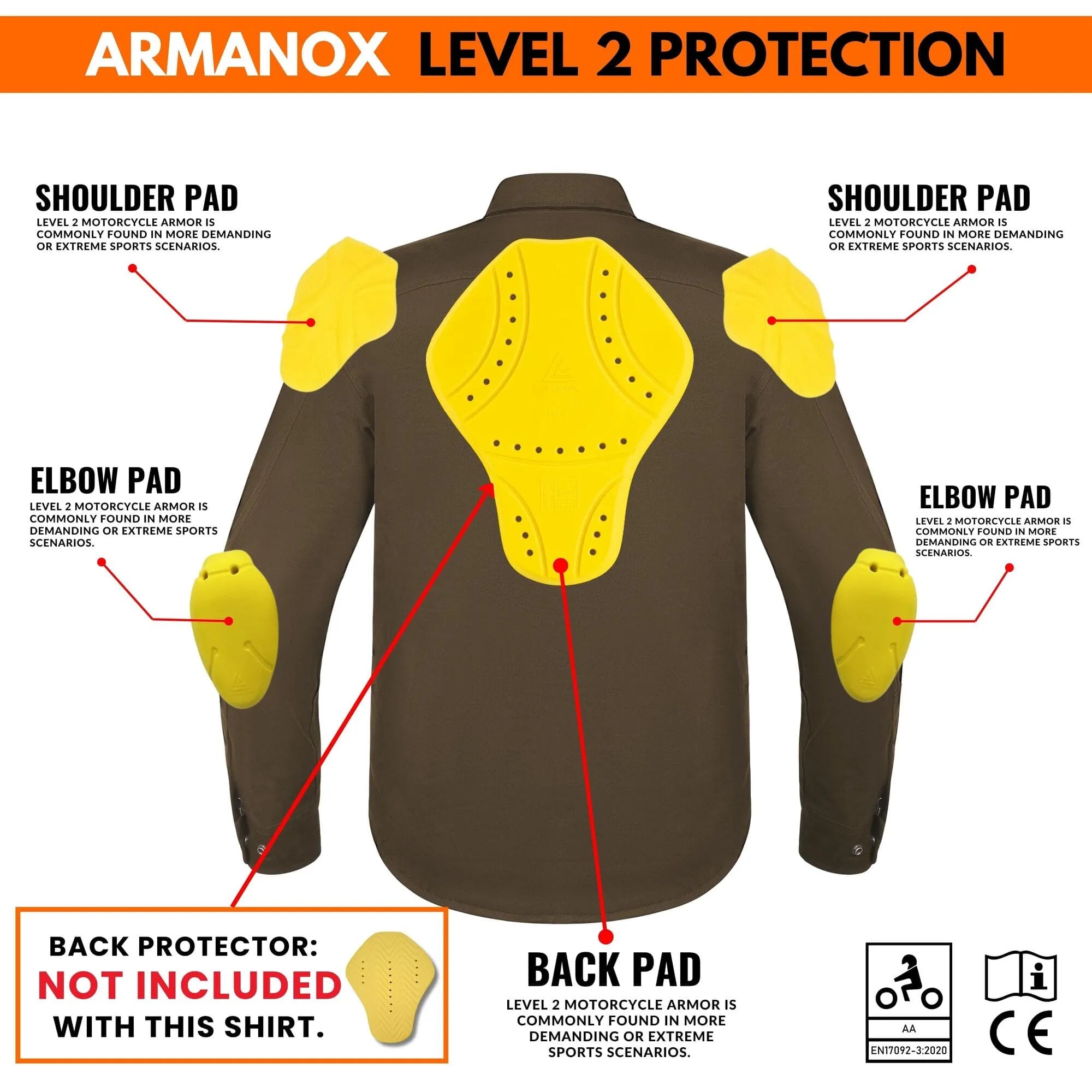 Back view of brown Kevlar motorcycle shirt featuring high-performance Kevlar impact zones for enhanced rider protection by Tornado Moto